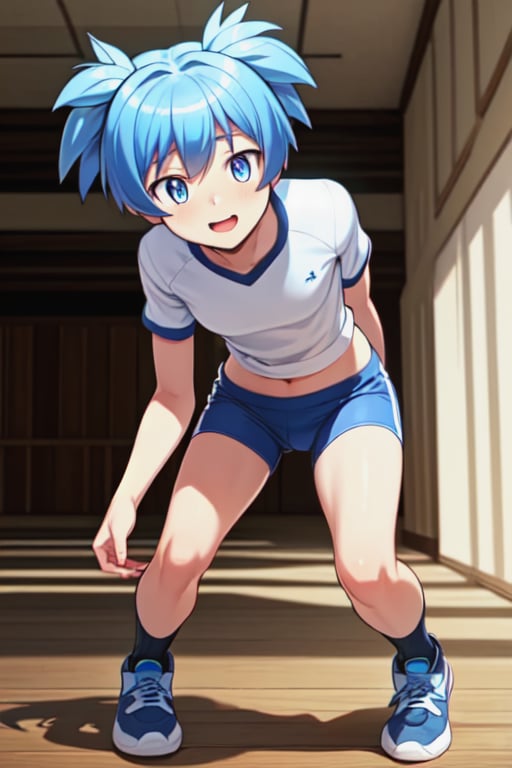 masterpiece, best quality, high quality, 1boy, solo, male focus, looking at audience, full body, Shiota Nagisa, blue hair, blue eyes, blush, smile, natural light, male focus, blush, socks, blue sneakers, wearing T shirt and gym shorts, dark blue boxer briefs underneath the light gray gym shorts, the waistband of the boxer briefs is visible, the shorts are adjusted so that the shorts are visible underneath the boxer briefs, the shorts are pulled down slightly to reveal the waistband of the boxer briefs, wearing a white T-shirt, light gray Athletic shorts, dark blue boxer briefs waistband visible, boxer briefs peeking out of shorts, short twintails, motion blur, motion lines, detailed skin texture, anatomical learning accuracy, relaxed pose, natural indoor lighting, soft shadows, casual expressions, dynamic angles, high resolution rendering, anatomical details, dynamic angles, motion blur, speed lines, park, daytime, realistic anatomy photorealistic, photorealistic, high detail,** High Quality Textures, Detailed Lighting, Dramatic Lighting, High Resolution, 8K Resolution, Natural Skin Textures, Soft Shadows, Ambient Lighting, Sharp Details, Fine Skin Pores, 100% Skin Textures, Subtle Facial Expressions, Happy, Calm mood, authentic style