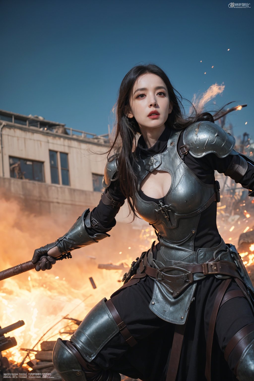 1girl, black hair, futuristic weapon, in combat, dynamic pose, intense expression, detailed eyes, (leather armor:1.3), glowing weapon, (energy shield:1.2), battlefield background, destroyed buildings, smoke, explosions in distance, (neon accents:0.8), high contrast lighting, (cinematic composition:1.5), wide-angle lens, best quality, masterpiece.