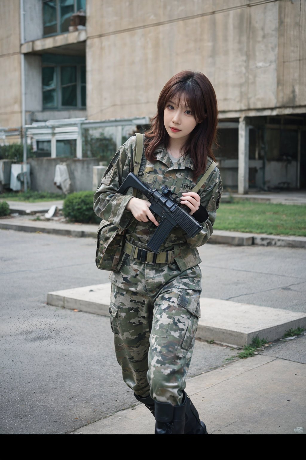 1girl, soldier, black hair, hiding behind cover, (20yo), determined expression, combat uniform, (camouflage pattern:1.2), holding rifle, (ammunition belt:0.9), military boots, (helmet with camouflage paint:1.1), eyes focused on distance, urban warfare background, ruined buildings, smoke, (rubble:0.8), (concrete walls:1.3), dim light, (explosion in distance:0.7), realistic style, (depth of field:1.4), ambient dust and debris, high-quality resolution, cinematic composition, best quality, masterpiece.