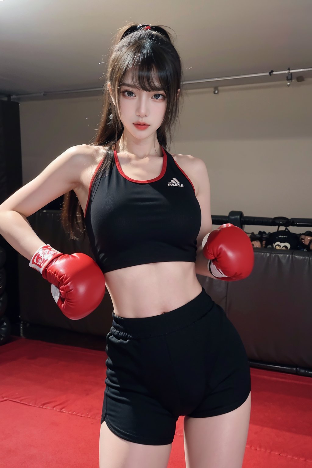 1girl, beautiful, black hair, young, (20yo), determined expression, boxing ring, punching, sportswear, dynamic pose, sweat, intense eyes, focused, gym, bright lighting, realistic style, best quality, masterpiece.