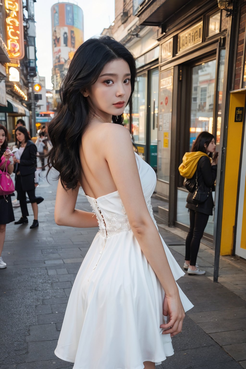 1girl, model, standing, display window, (black hair:1.2), long hair, detailed eyes, beautiful, looking at viewer, fashionable outfit, high heels, elegant pose, urban setting, shopping street, passersby, daytime, sunny, realistic, depth of field, ambient light, (cinematic composition:1.3), HDR, Accent Lighting, wide-angle lens, best quality, masterpiece