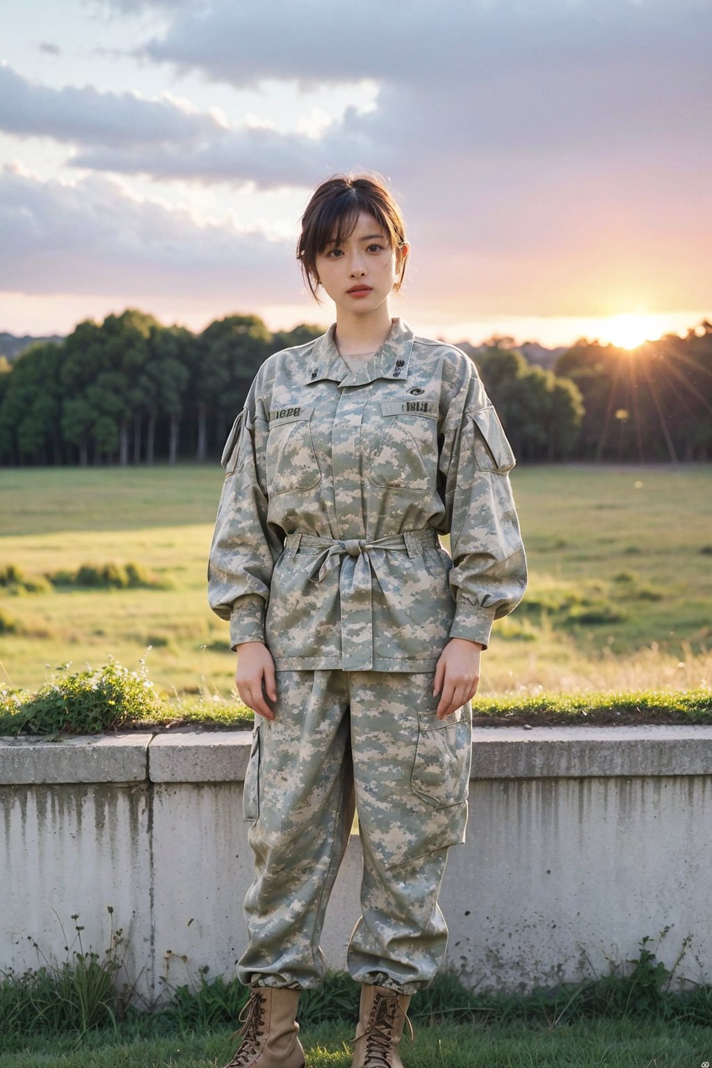 1girl, soldier, standing at attention, black hair, short hair, young (18yo), serious expression, military uniform, camouflage pattern, combat boots, outdoors, grass field, sunset, golden hour light, clear sky, detailed background, depth of field, realistic, ambient light, (cinematic composition:1.3), high definition, best quality, masterpiece