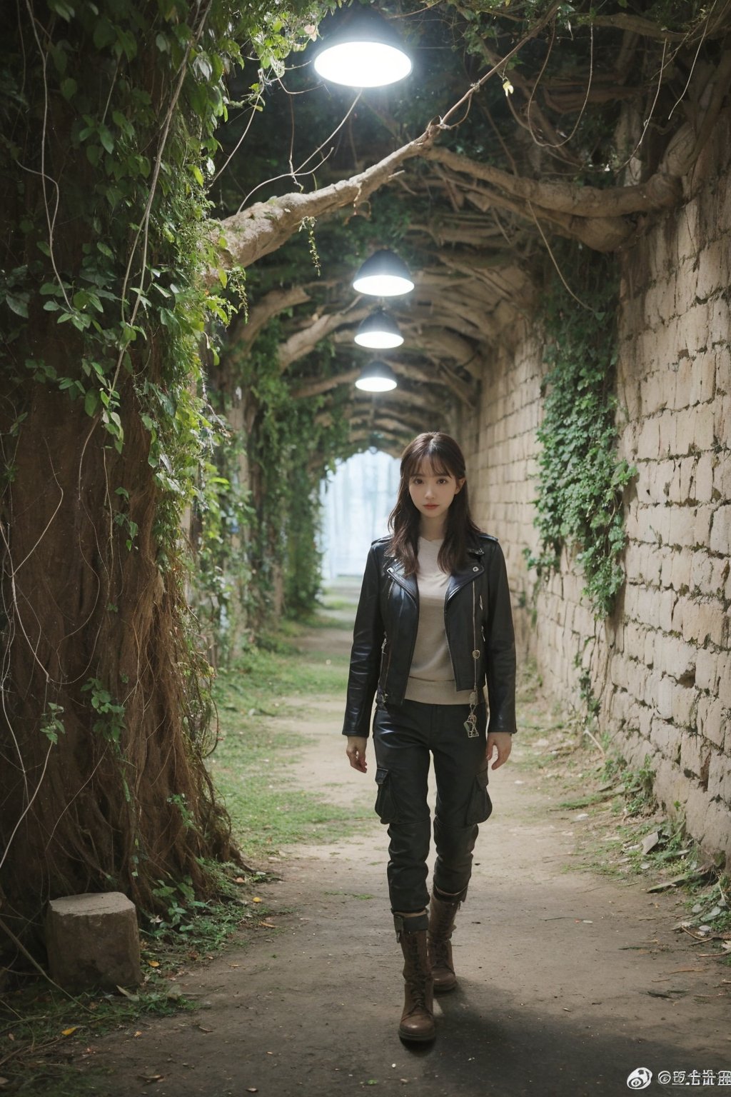 1girl, black hair, young, adventurer, exploring, outdoor, tunnel, wilderness, (leather jacket:1.2), (cargo pants:1.1), hiking boots, backpack, headlamp, (dust:0.8), (cobwebs:0.9), mysterious atmosphere, dim light, damp walls, rocky terrain, (moss:1.0), (vines:1.0), best quality, masterpiece