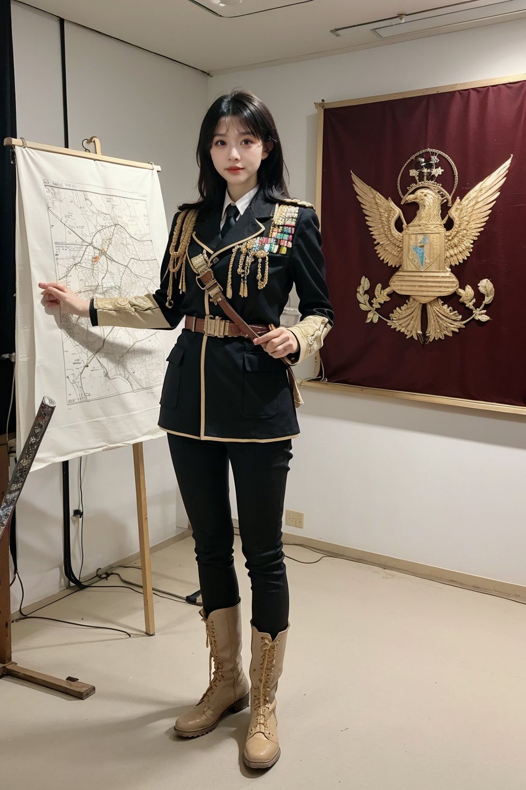 1girl, black hair, young, military general, full-body portrait, detailed uniform, (golden embroidery:1.2), epaulettes, (rank insignia:1.3), sharp eyes, determined expression, standing posture, holding a sword, (sword details:1.1), leather boots, (boot details:1.05), background suggestive of a war room, maps, strategy papers, dim lighting, realistic, depth of field, (cinematic composition:1.3), high resolution, best quality, masterpiece.