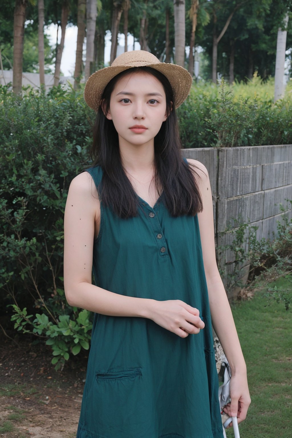 1girl, beautiful, black hair, long hair, farmer, field, agriculture, (18yo), innocent, detailed eyes, green dress, straw hat, holding scythe, wheat, sunset, peaceful, serene, rural, natural light, high resolution, best quality, masterpiece. 