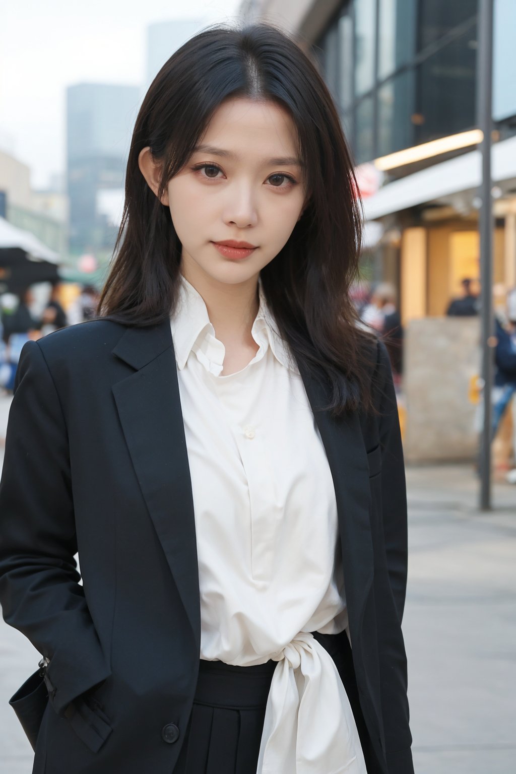 1girl, secret agent, black hair, long hair, (20yo), beautiful, detailed eyes, serious expression, black suit, black trousers, walking, city street, daytime, overcast sky, detailed background, realistic style, depth of field, ambient light, (cinematic composition:1.3), HDR, Accent Lighting, wide-angle lens, best quality, masterpiece.