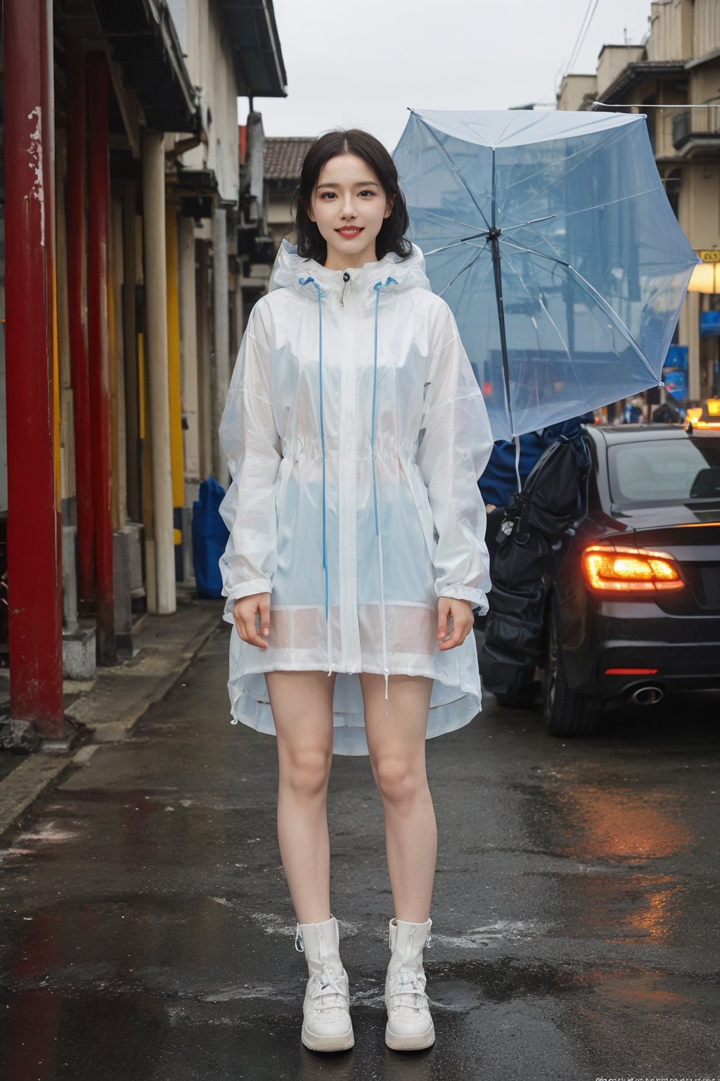 1girl, black hair, standing, full body, transparent raincoat, smiling, (beautiful eyes:1.2), (long hair:1.3), (transparent raincoat:1.5), urban background, light rain, puddles, city street, evening time, warm ambient light, (vivid colors:1.3), high resolution, best quality, masterpiece