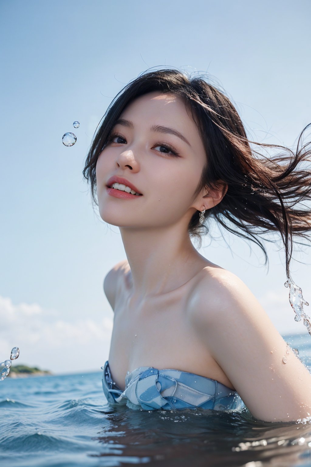 1girl, black hair, solo, (teenager:1.1), joyful expression, playing in water, splashing, summer, outdoor, daytime, sunny, clear blue sky, bright sunlight, natural light, reflections on water surface, detailed ripples and waves, (water droplets on skin:1.3), (dynamic water movement:1.2), vibrant colors, best quality, masterpiece.