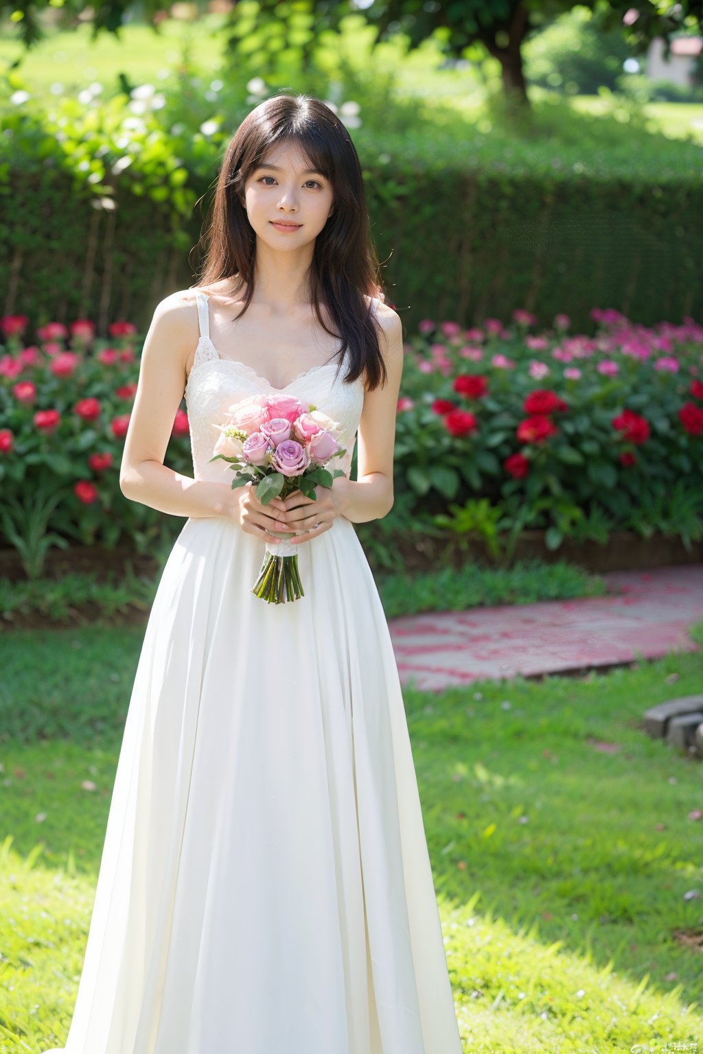 1girl, young woman, full body, (25yo), black hair, long hair, detailed face, white wedding dress, holding a bouquet of roses, standing in a garden, smiling at the viewer, blooming flowers around, green grass, blue sky with fluffy clouds, realistic, ambient light, depth of field, (cinematic composition:1.3), soft focus on the subject, HDR, Accent Lighting, wide-angle lens, best quality, masterpiece