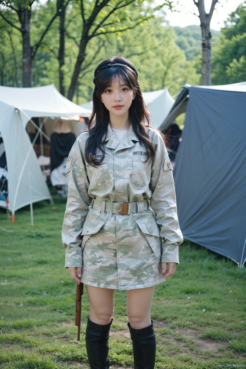 1girl, black hair, teenage, soldier, fully armed, standing at attention, (20yo), determined expression, detailed eyes, combat uniform, camouflage pattern, rifle, ammunition belt, combat boots, (headband:1.2), outdoor, military camp background, greenery, tents, realistic, depth of field, ambient light, (cinematic composition:1.3), best quality, masterpiece