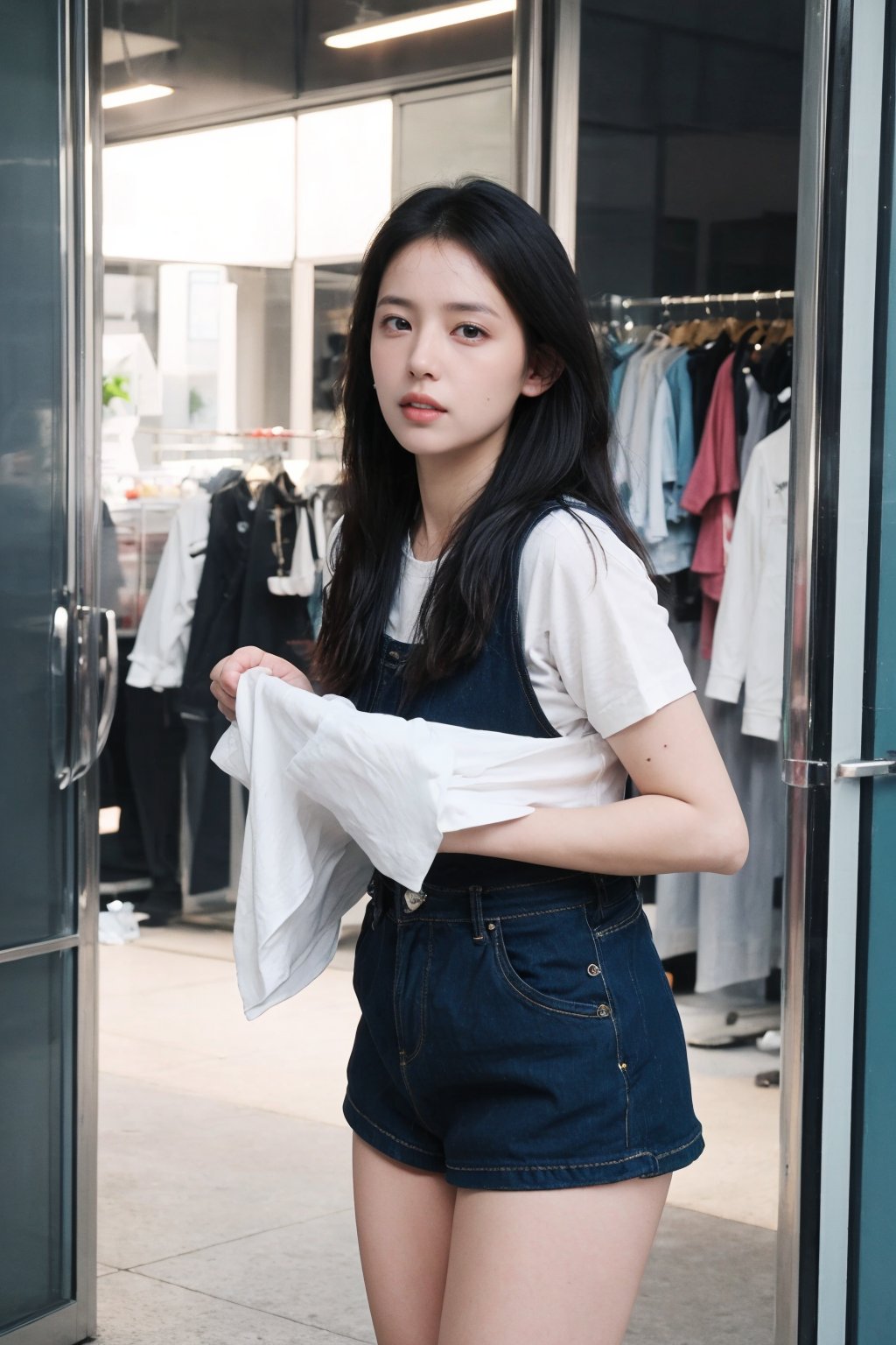 1girl, black hair, (20yo), sexy, beautiful detailed eyes, striped bodysuit, (size: S), looking at viewer, trying on clothes, fitting room, changing, undressing, holding up dress, white shirt, high waisted shorts, black heels,  fashion store, bright light, realistic background, depth of field, realism, ambient light, (cinematic composition:1.3), best quality, masterpiece