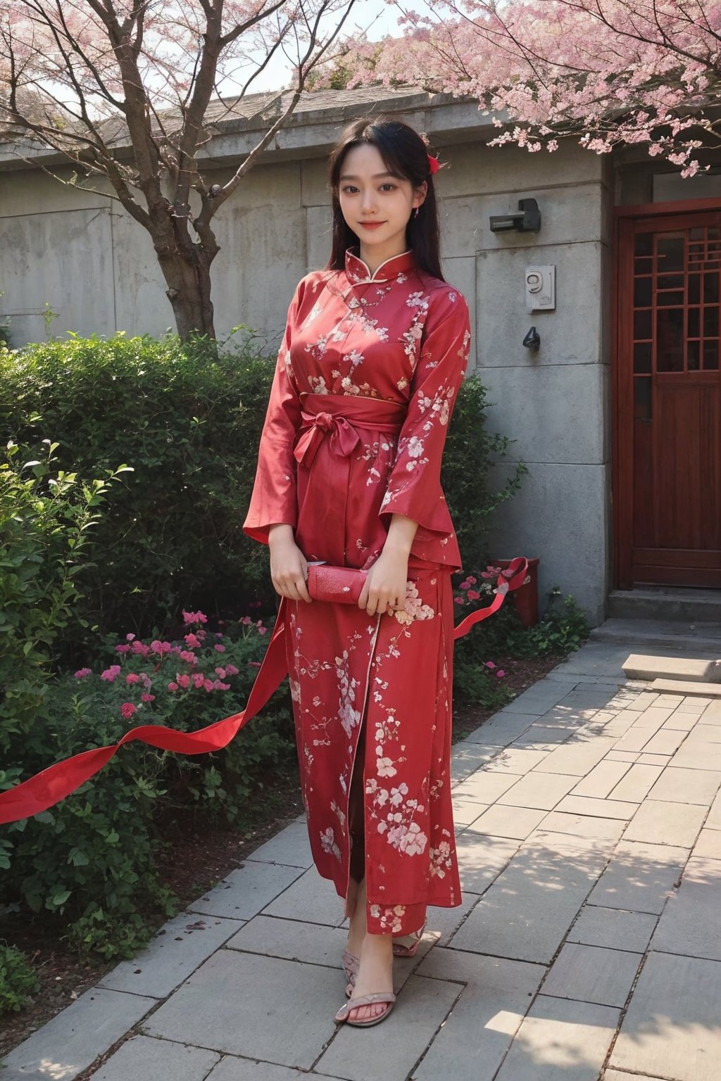 1girl, black hair, full body, standing, Hanfu, smiling, detailed eyes, traditional Chinese clothing, delicate patterns, silk fabric, (red ribbon:1.2), (jade pendant:0.9), ancient China, serene expression, gentle breeze, cherry blossoms, courtyard, stone path, (sunny weather:0.8), soft light, peaceful atmosphere, high definition, best quality, masterpiece.