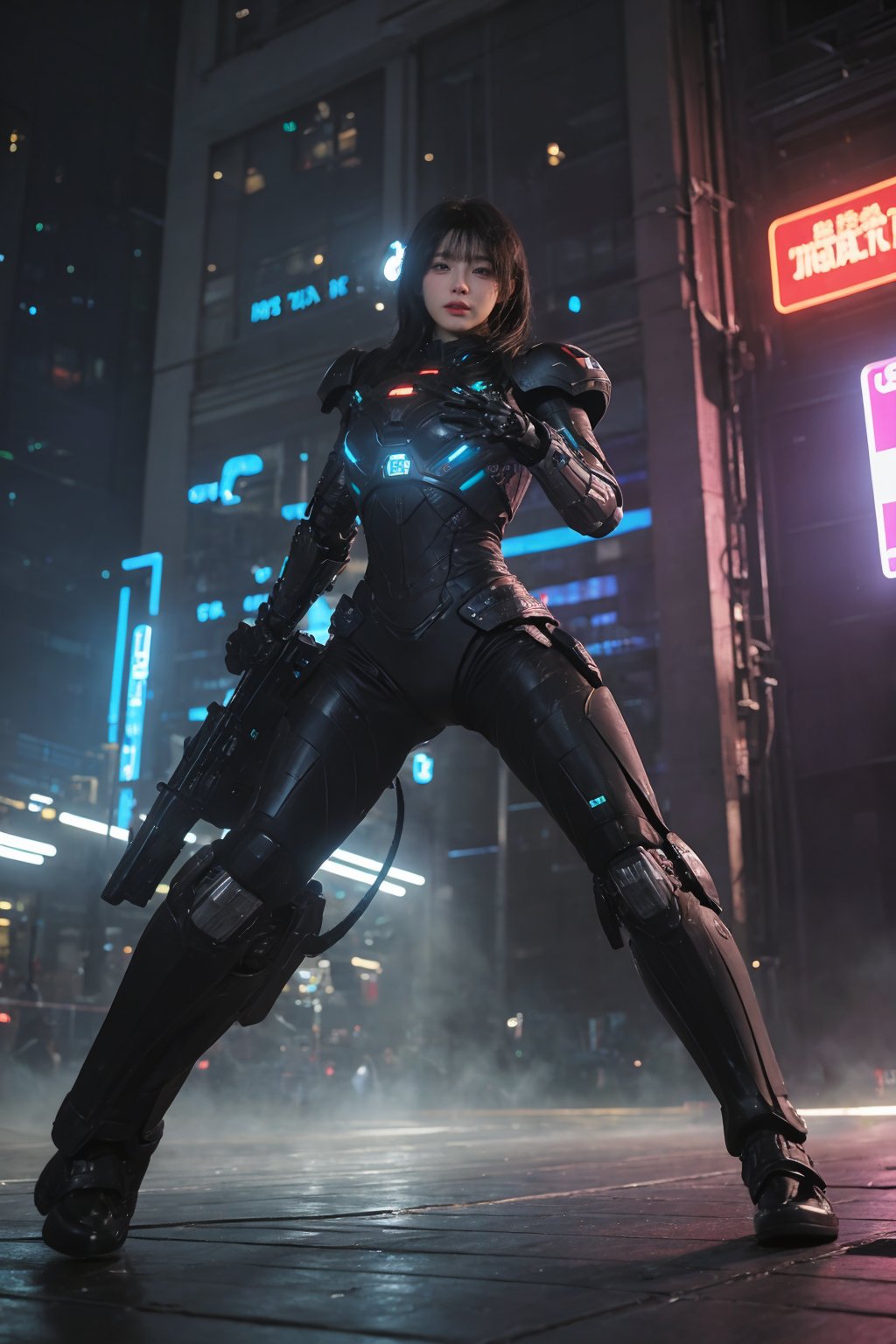 提示词参考：1 girl, black hair, full body shot, modern mecha suit, high-tech, futuristic design, exoskeleton, detailed armor plating, LED lights, dynamic pose, (energy weapon:1.0), cybernetic enhancements, (glowing circuits:0.8), battle-ready stance, cityscape background, neon signs, nighttime, (reflections on armor:1.3), (smoke effect:0.7), cinematic composition, depth of field, realistic textures, ambient light, HDR, Accent Lighting, wide-angle lens, best quality, masterpiece.