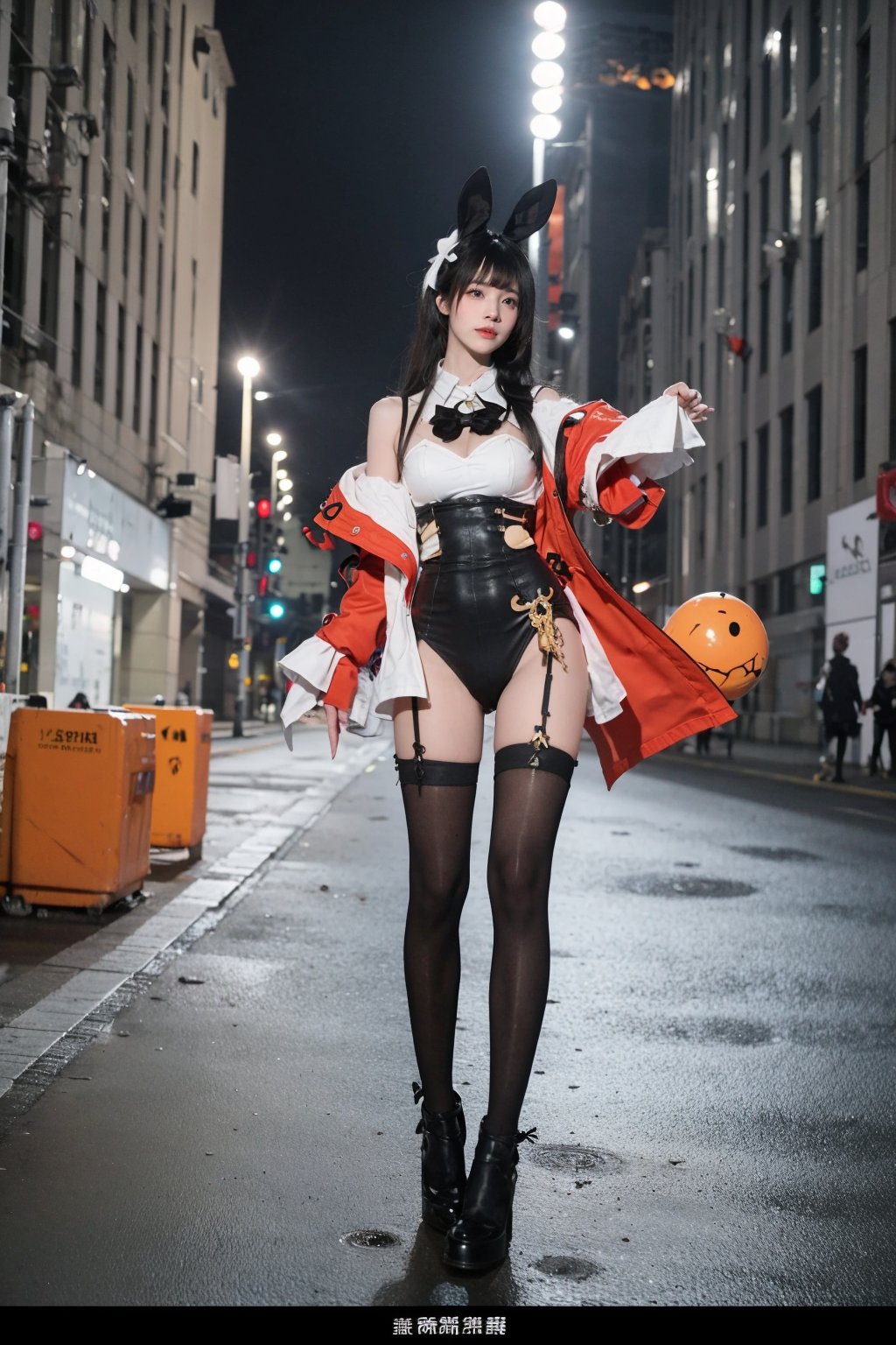 1girl, black hair, bunny girl costume, sexy, standing pose, full-body shot, detailed eyes, playful expression, fluffy tail, ears headband, laced tights, high heels, alluring posture, soft lighting, (cinematic composition:1.3), best quality, masterpiece.