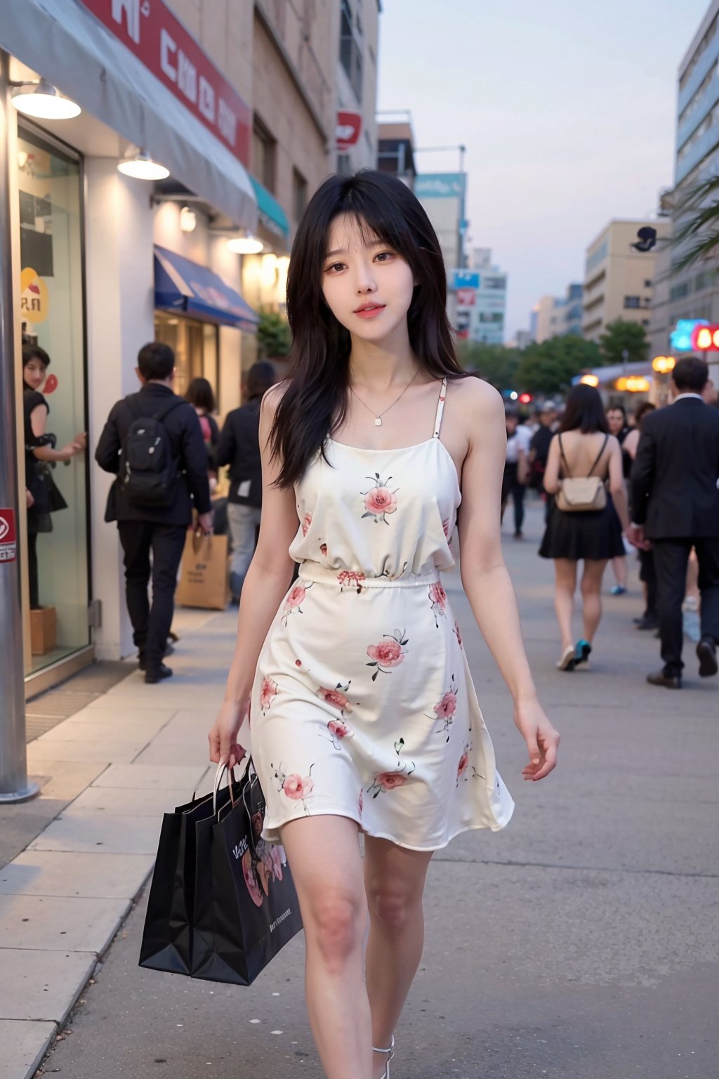 1girl, beautiful, black hair, long hair, detailed eyes, (18yo), elegant, shopping, street fashion, summer outfit, floral dress, white, sandals, carrying a bag, sunny day, city backdrop, pedestrians, urban, vibrant colors, realistic style, ambient light, (cinematic composition:1.2),best quality, masterpiece.