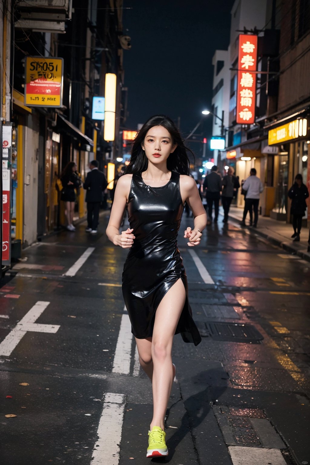 1girl, beautiful, black hair, long hair, solo, (18yo), (athletic, running), city background, urban landscape, skyscrapers, streets, night time, streetlights, dynamic pose, flowing dress, determined expression, high-quality sneakers, neon signs, reflections on wet pavement, ambient city lights, depth of field, realistic, (cinematic composition:1.3), wide-angle lens, best quality, masterpiece