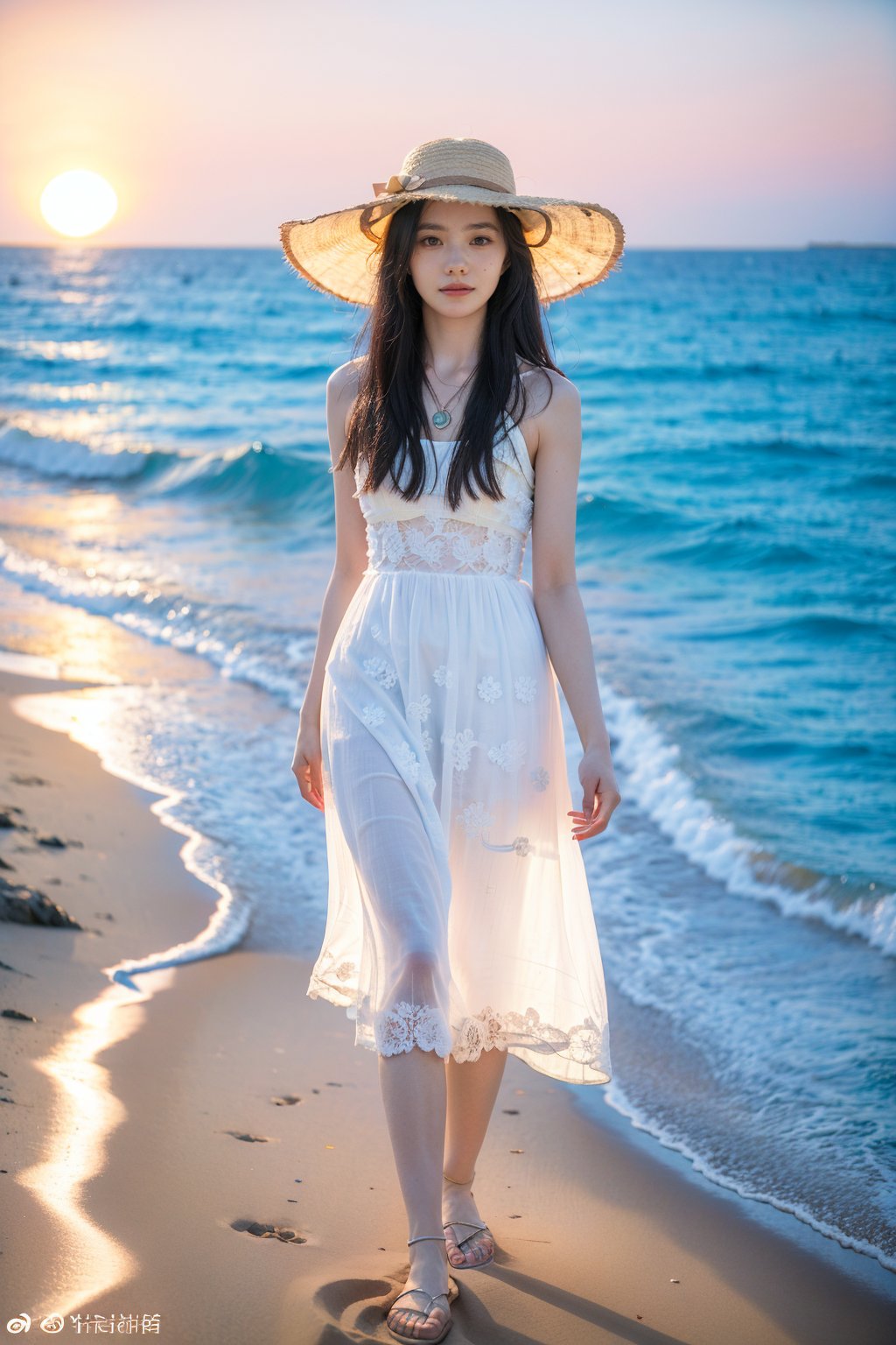 1girl, beautiful, walking on the beach, long hair, summer dress, flip flops, seashell necklace, sun hat, sunset background, sand, waves, seagulls, palm trees, clear sky, warm colors, (golden hour light:1.2), realistic, ambient light, wide-angle lens, best quality, masterpiece.