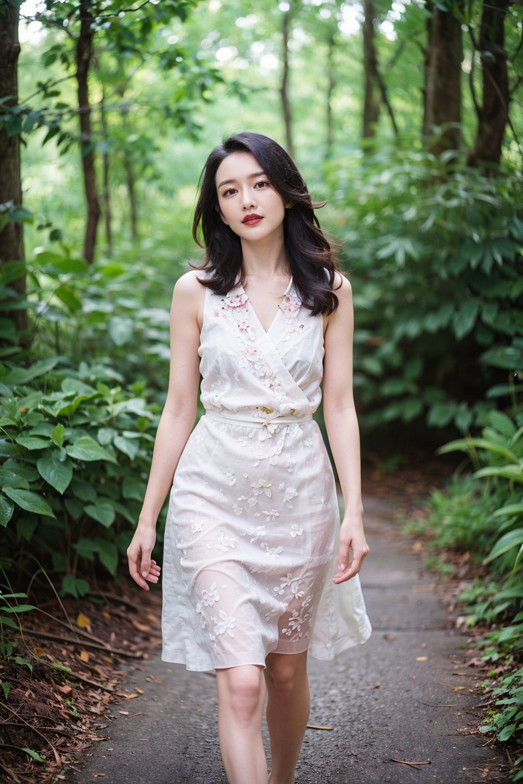 1girl, beautiful, solo, (17yo), stunning black hair, long hair, detailed eyes, walking in forest, green trees, sunlight filtering through leaves, colorful wildflowers, peaceful atmosphere, serene expression, flowy summer dress, barefoot, natural makeup, surrounded by nature, vibrant colors, depth of field, realistic, ambient light, (cinematic composition:1.2), wide-angle lens, best quality, masterpiece.