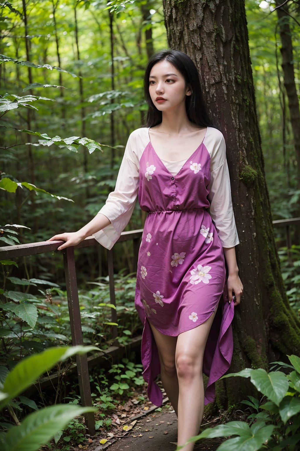 1girl, beautiful, solo, (17yo), stunning black hair, long hair, detailed eyes, walking in forest, green trees, sunlight filtering through leaves, colorful wildflowers, peaceful atmosphere, serene expression, flowy summer dress, barefoot, natural makeup, surrounded by nature, vibrant colors, depth of field, realistic, ambient light, (cinematic composition:1.2), wide-angle lens, best quality, masterpiece.