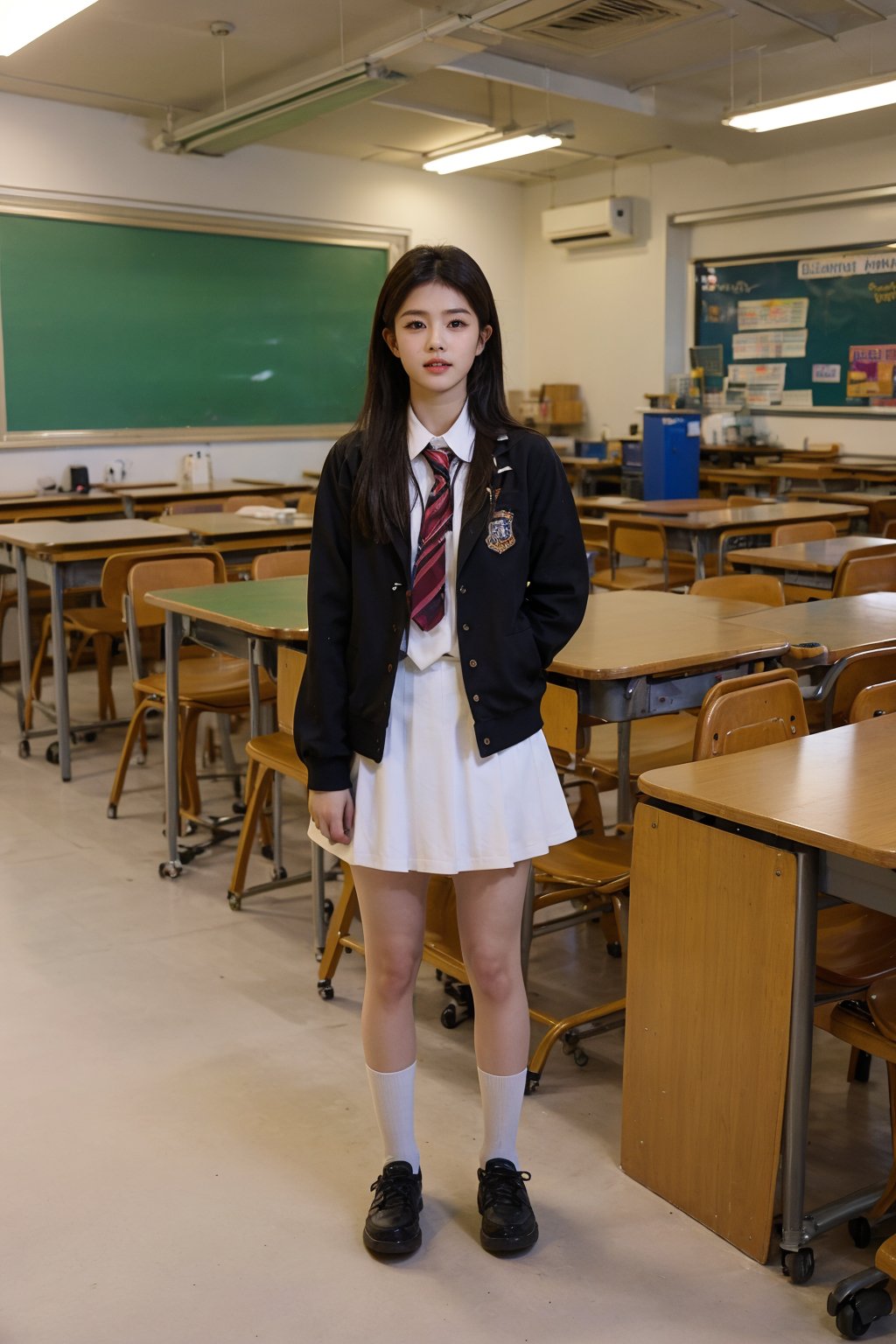 1girl, high school student, black hair,standing, full body, school uniform, (school building:1.2), (classroom:0.8), (school yard:1.0), (school corridor:0.9), (library:0.7), (gymnasium:0.6), best quality, masterpiece