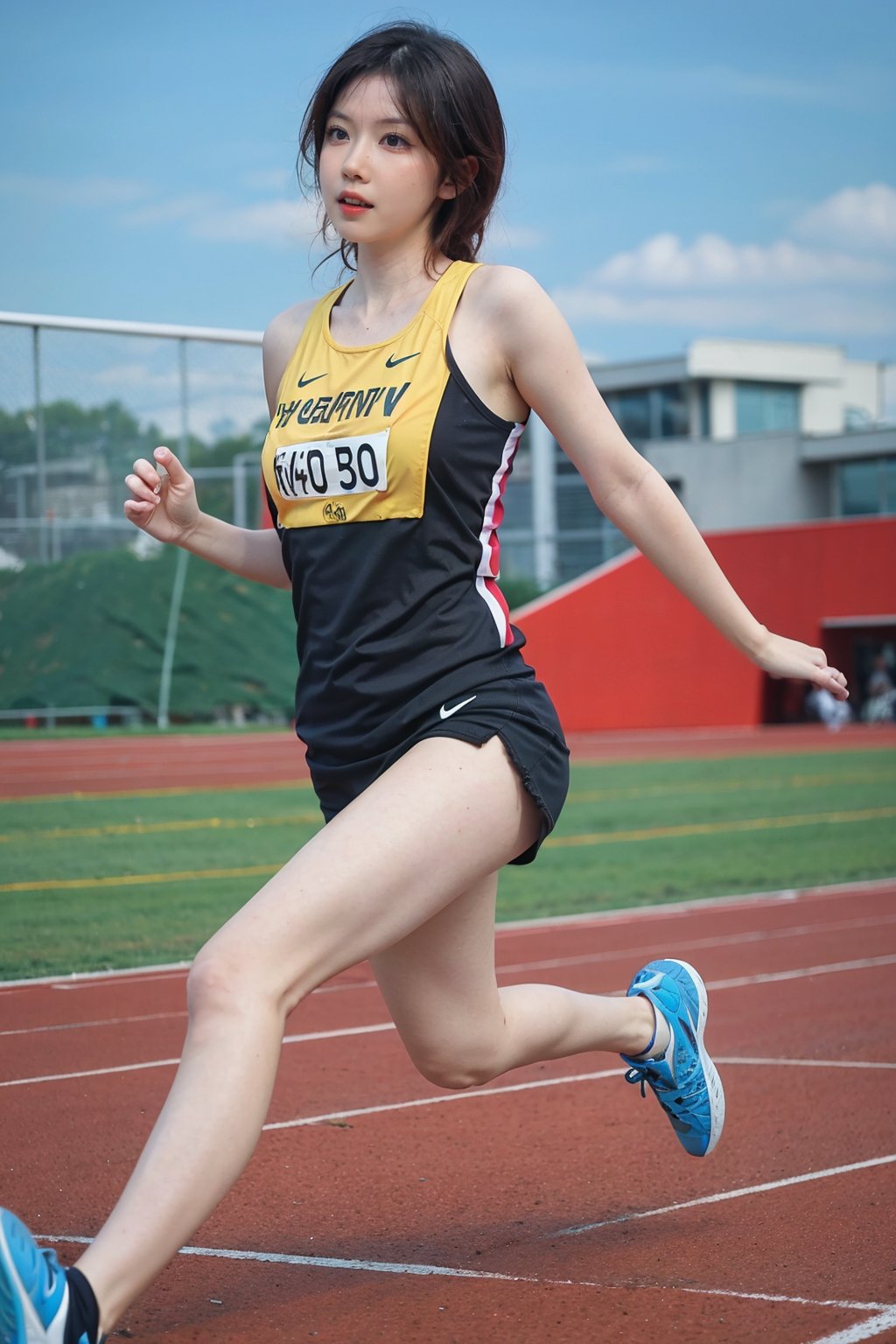 1girl, black hair, beautiful, marathon runner, competition, athletic outfit, running shoes, dynamic pose, sweating, determined expression, (track and field:1.3), sports track, clear sky, daytime, vibrant atmosphere, realistic style, wide-angle lens, best quality, masterpiece