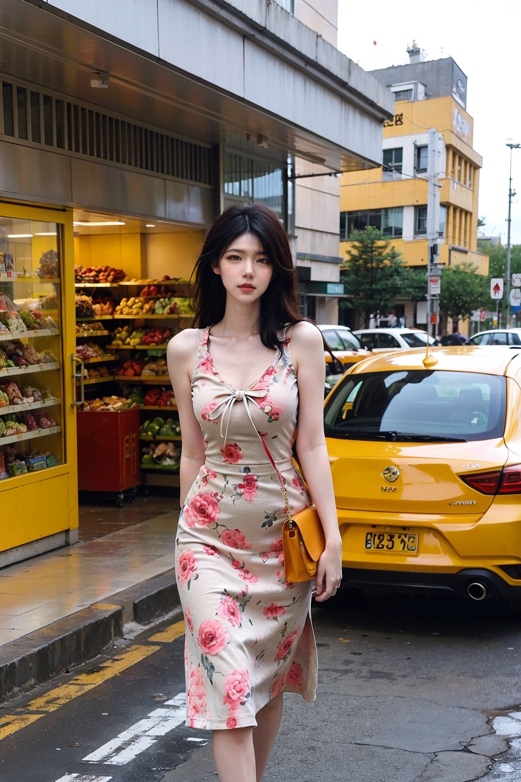 1girl, beautiful, black hair, long hair, detailed eyes, (18yo), elegant, shopping, street fashion, summer outfit, floral dress, white, sandals, carrying a bag, sunny day, city backdrop, pedestrians, urban, vibrant colors, realistic style, ambient light, (cinematic composition:1.2),best quality, masterpiece.