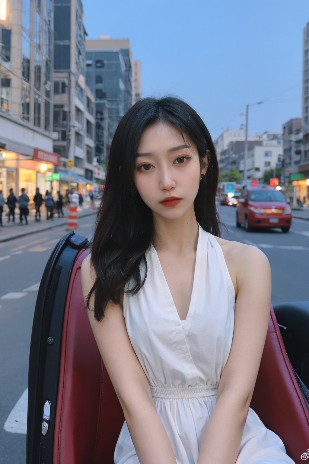 1girl, beautiful, black hair, long hair, sitting in a car, detailed eyes, light blush, looking at viewer, elegant dress, (mole under eye:0.8), street background, city lights, night time, realistic, ambient light, depth of field, (cinematic composition:1.3), HDR, Accent Lighting, wide-angle lens, best quality, masterpiece.