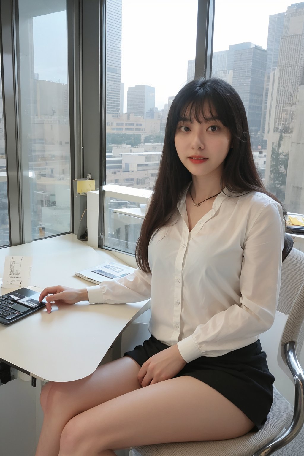 1girl, office lady, solo, (20yo), beautiful, detailed eyes, black hair, long hair, business suit, white shirt, black skirt, high heels, thighhighs, office, desk, computer, documents, window view, cityscape, beautifully detailed background, depth of field, realistic, ambient light, (cinematic composition:1.3), HDR, Accent Lighting, wide-angle lens, best quality, masterpiece