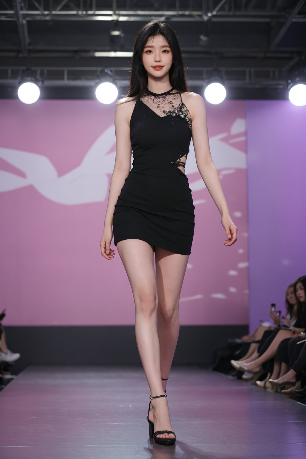 1girl, black hair, teenager, fashion model, smiling, full-body shot, runway, high heels, stylish outfit, (glowing skin:1.2), vibrant makeup, (eye contact with viewer:1.3), dynamic pose, spotlight on model, audience in background, blurred, fashion show atmosphere, elegant, (catwalk:1.0), best quality, masterpiece.