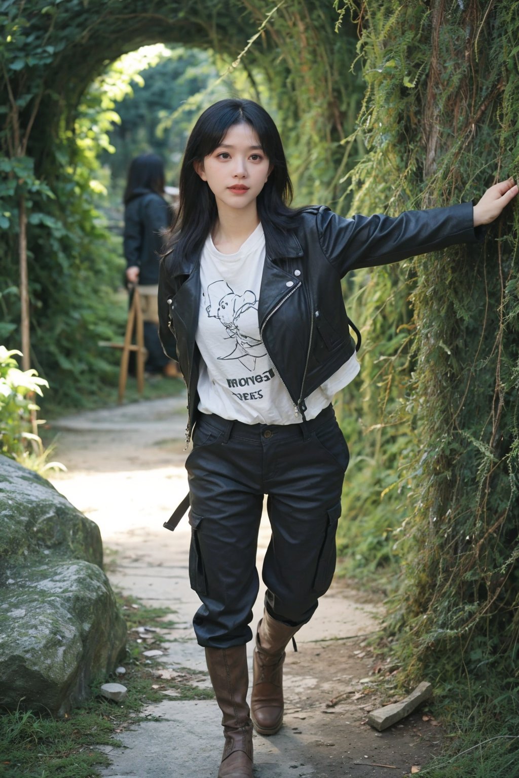 1girl, black hair, young, adventurer, exploring, outdoor, tunnel, wilderness, (leather jacket:1.2), (cargo pants:1.1), hiking boots, backpack, headlamp, (dust:0.8), (cobwebs:0.9), mysterious atmosphere, dim light, damp walls, rocky terrain, (moss:1.0), (vines:1.0), best quality, masterpiece