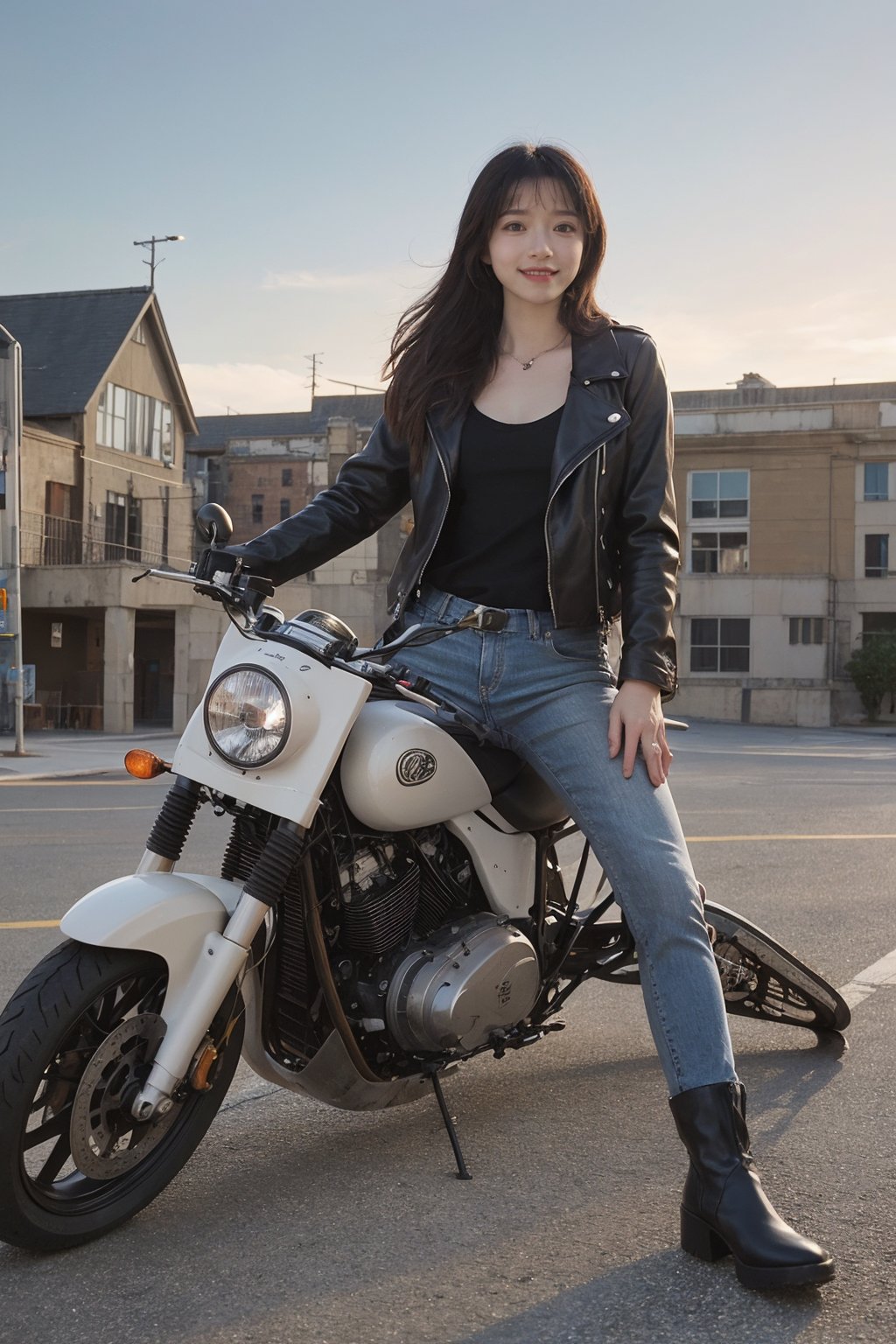 1girl, black hair, solo, (20yo), beautiful detailed eyes, smiling,leather jacket, jeans, boots, motorcycle, dynamic pose, clear sky background, realistic style, ambient light, (cinematic composition:1.3), wide-angle lens, best quality, masterpiece