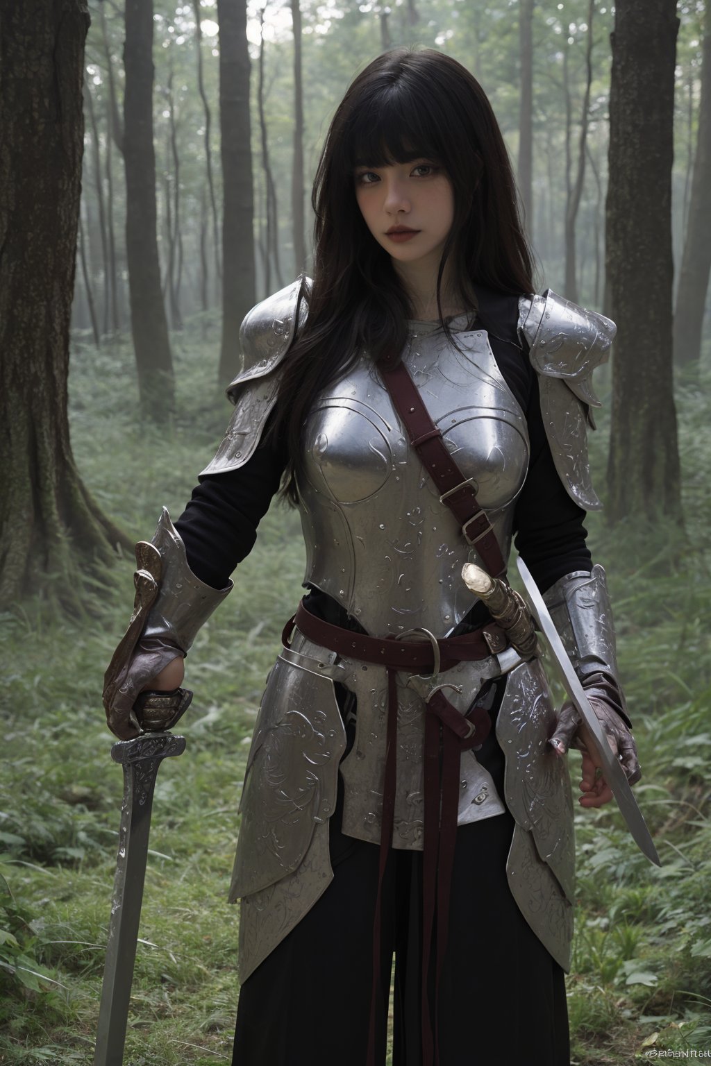 1girl, black hair, full body, armor, holding a sword and shield, forest background, (trees:1.2), (green leaves:1.3), (sunlight filtering through trees:1.1), detailed texture on armor, medieval style, determined expression, ready for battle, (shield design:0.8), (sword details:1.4), natural lighting, peaceful yet tense atmosphere, high resolution, best quality, masterpiece.