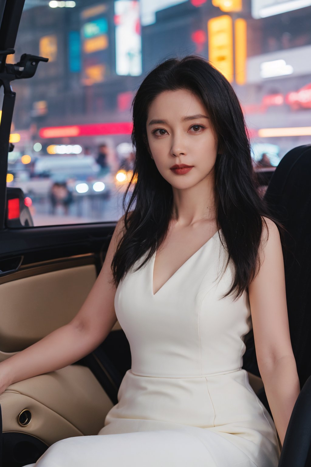 1girl, beautiful, black hair, long hair, sitting in a car, detailed eyes, light blush, looking at viewer, elegant dress, (mole under eye:0.8), street background, city lights, night time, realistic, ambient light, depth of field, (cinematic composition:1.3), HDR, Accent Lighting, wide-angle lens, best quality, masterpiece.