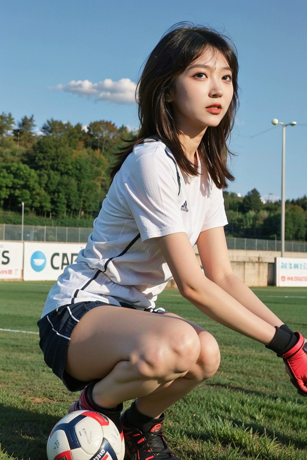 1girl, beautiful, black hair, long hair, detailed eyes, athletic, goalkeeper, soccer field, flying posture, (catching the ball:1.3), green grass, white goalposts, net, blue sky, sunny, dynamic pose, sportswear, gloves, cleats, action-packed, depth of field, realistic, ambient light, wide-angle lens, best quality, masterpiece.