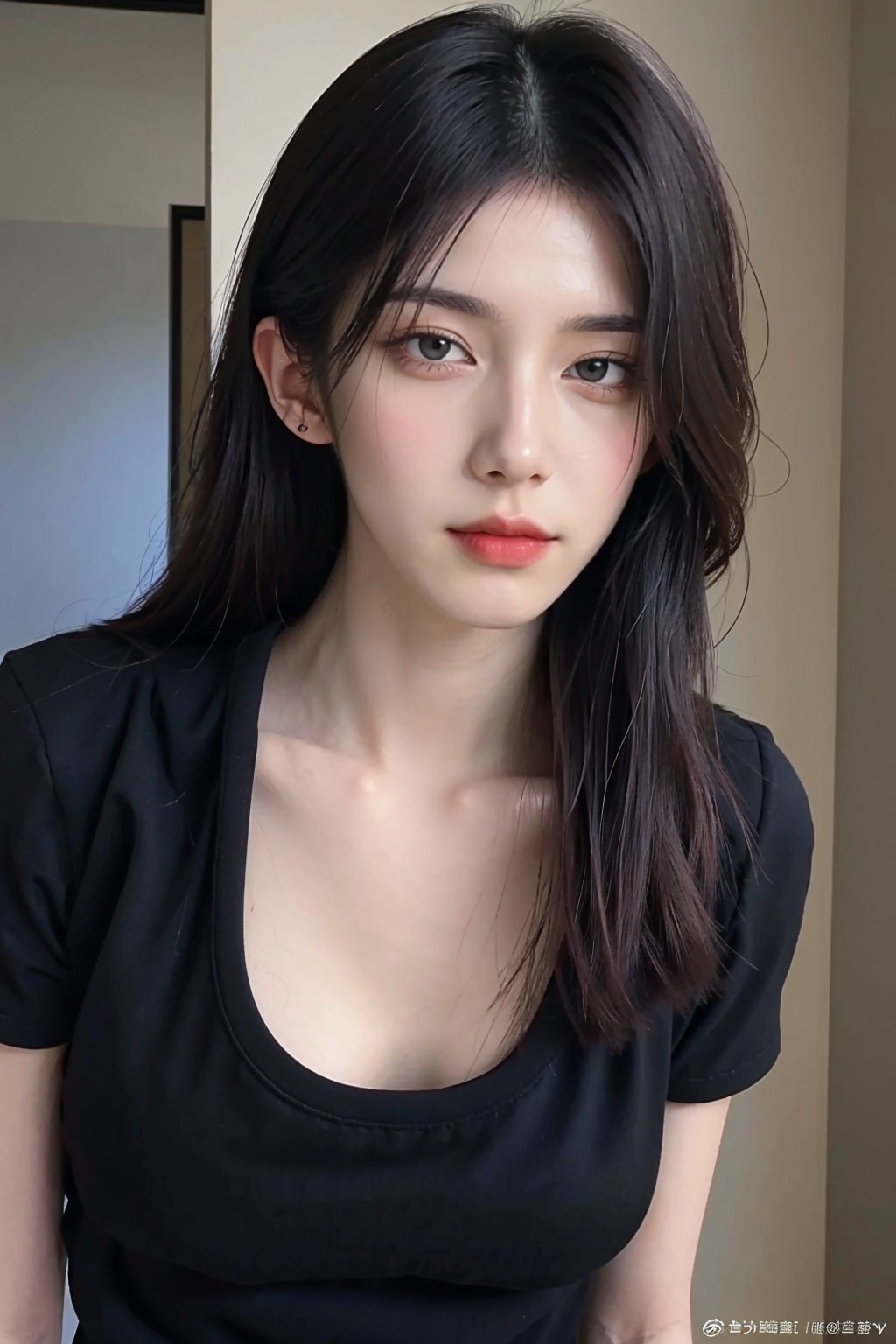 1girl, black haired young woman, half-body portrait, (teen), sexy, beautiful detailed face, black shirt, expressionless, high resolution texture, realistic skin, ambient lighting, (cinematic composition:1.3), best quality, masterpiece