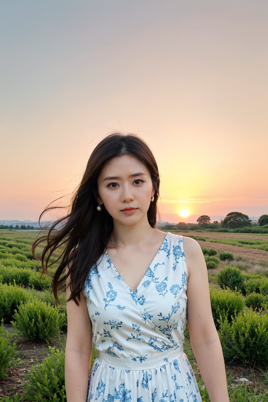 1girl, beautiful, black hair, long hair, fallen, grass field, (blue dress:1.2), white socks, school uniform, injured, looking at viewer, tears, light blush, beautifully detailed eyes, sunset background, orange and pink sky, depth of field, realistic, ambient light, (cinematic composition:1.3), soft focus, HDR, best quality, masterpiece