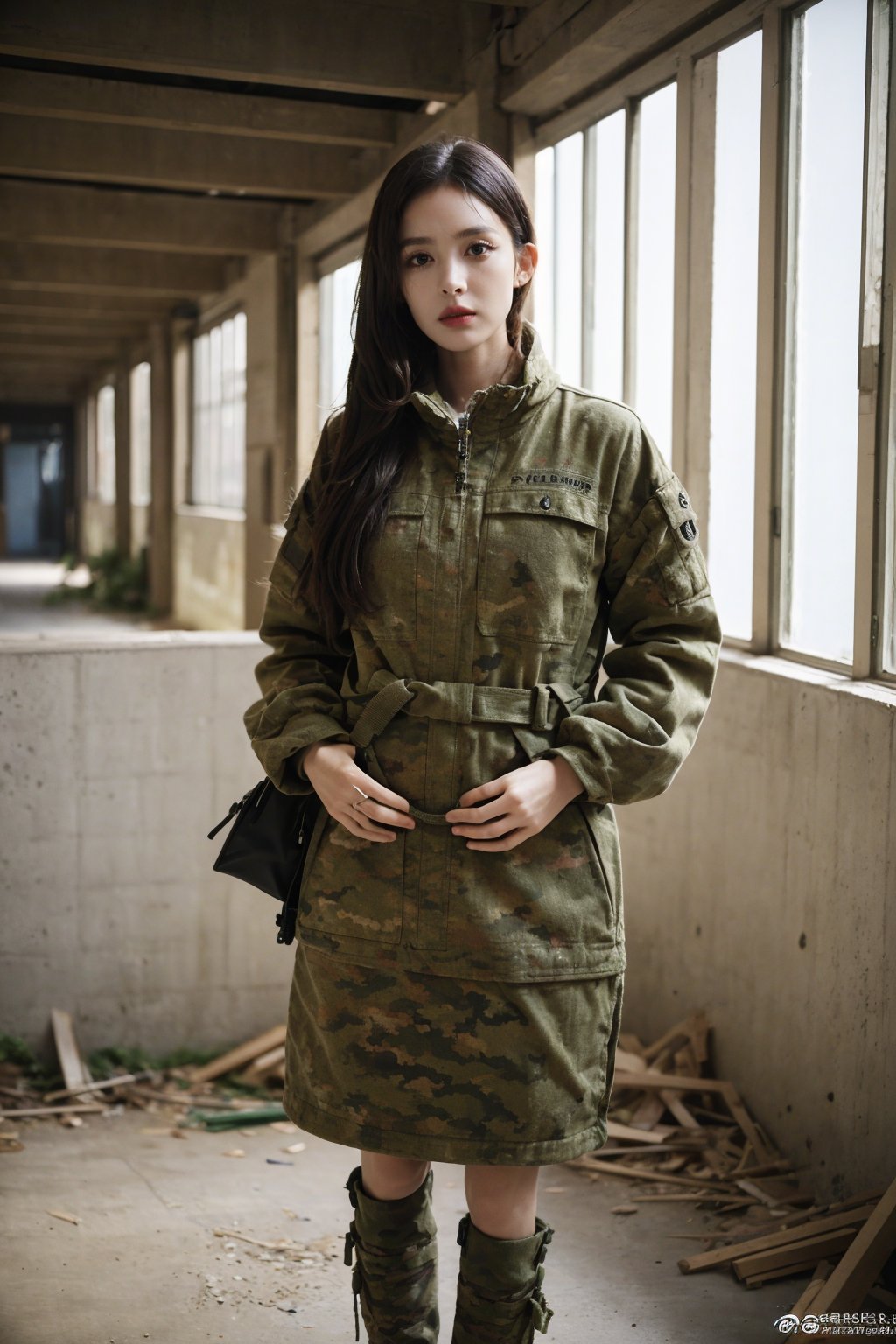 1girl, soldier, black hair, hiding behind cover, (20yo), determined expression, combat uniform, (camouflage pattern:1.2), holding rifle, (ammunition belt:0.9), military boots, (helmet with camouflage paint:1.1), eyes focused on distance, urban warfare background, ruined buildings, smoke, (rubble:0.8), (concrete walls:1.3), dim light, (explosion in distance:0.7), realistic style, (depth of field:1.4), ambient dust and debris, high-quality resolution, cinematic composition, best quality, masterpiece.