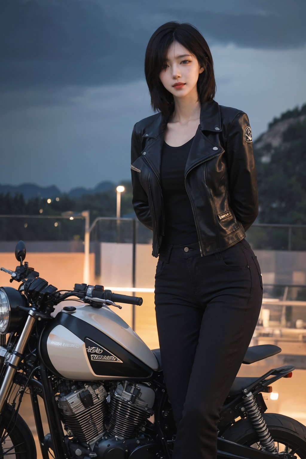 1girl, black hair, solo, (20yo), beautiful detailed eyes, smiling,leather jacket, jeans, boots, motorcycle, dynamic pose, clear sky background, realistic style, ambient light, (cinematic composition:1.3), wide-angle lens, best quality, masterpiece