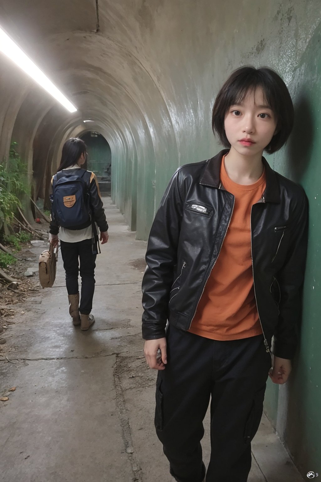 1girl, black hair, young, adventurer, exploring, outdoor, tunnel, wilderness, (leather jacket:1.2), (cargo pants:1.1), hiking boots, backpack, headlamp, (dust:0.8), (cobwebs:0.9), mysterious atmosphere, dim light, damp walls, rocky terrain, (moss:1.0), (vines:1.0), best quality, masterpiece