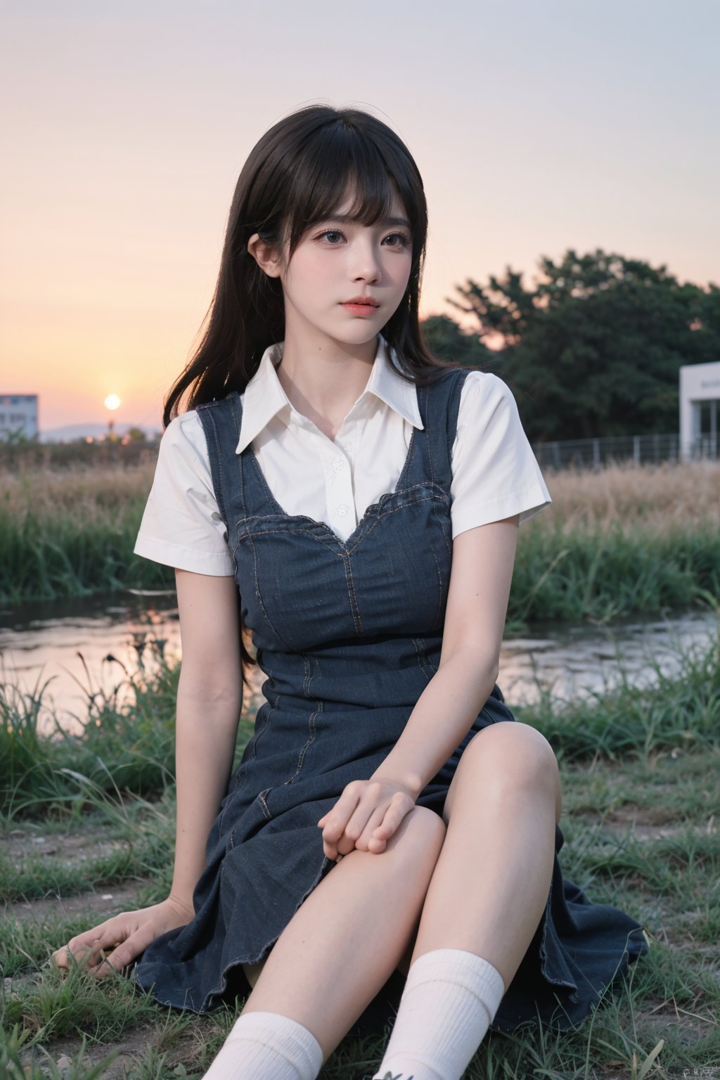 1girl, beautiful, black hair, long hair, fallen, grass field, (blue dress:1.2), white socks, school uniform, injured, looking at viewer, tears, light blush, beautifully detailed eyes, sunset background, orange and pink sky, depth of field, realistic, ambient light, (cinematic composition:1.3), soft focus, HDR, best quality, masterpiece