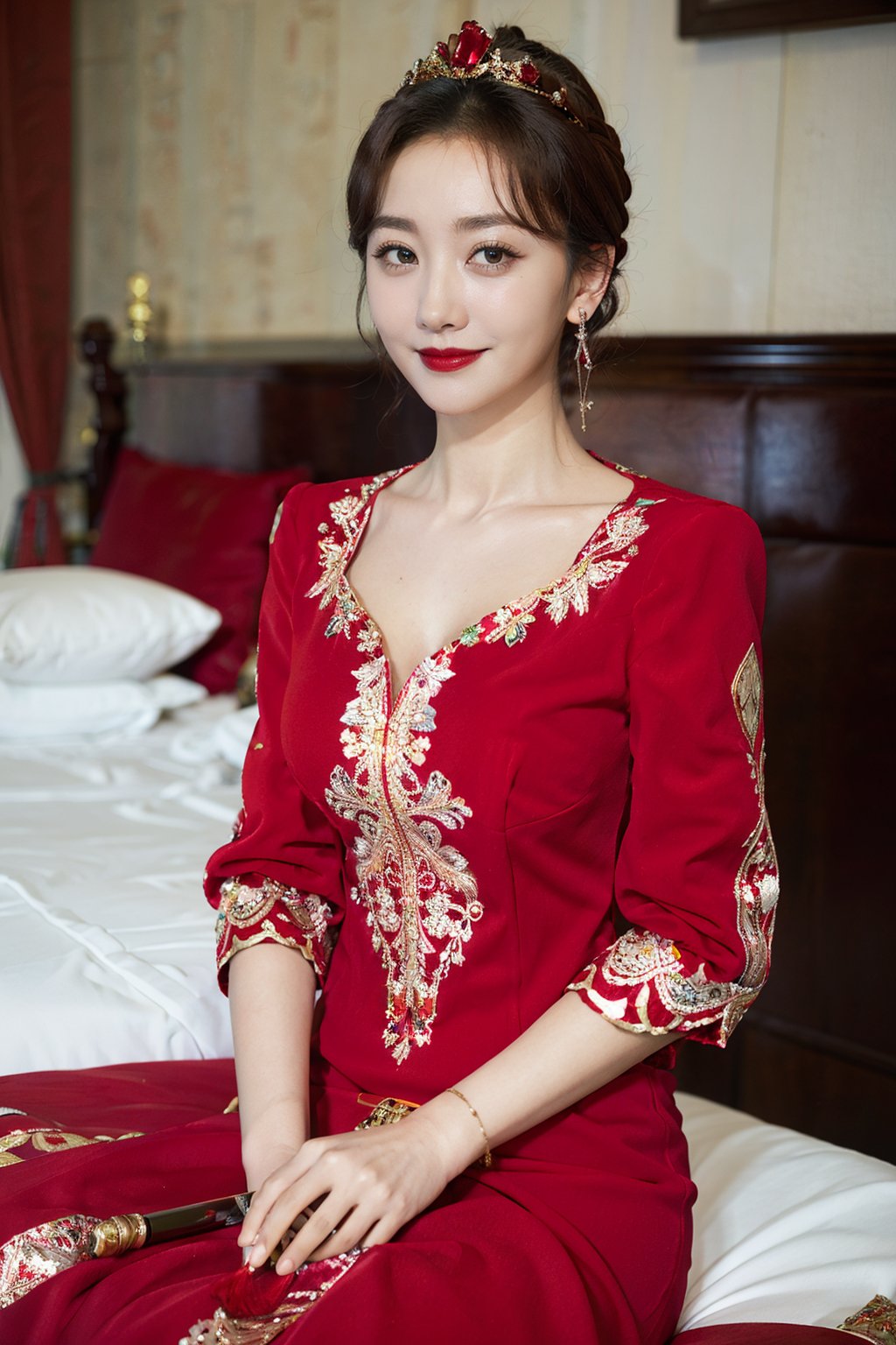  best quality,highly detailed,1girl,
a woman in a red and gold clothes, phoenix coronet,(sitting on red bed),blush,shy,black_hair, earrings,  indoors, jewelry, long_sleeves, red lips, tassel, Red quilt,(red palace:1.2),looking_at_viewer,smile