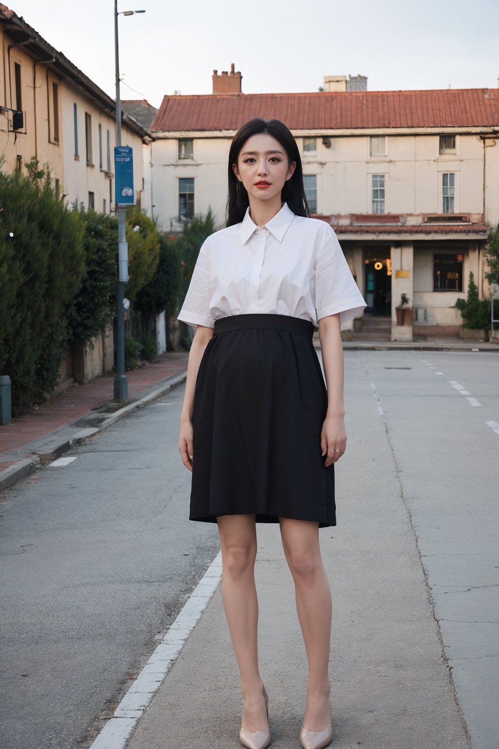 1girl, black hair, pregnant, standing, street, full body shot, (20yo), beautiful, detailed eyes, light blush, simple dress, flat shoes, holding belly, sunny day, urban background, realistic, ambient light, (cinematic composition:1.3), wide-angle lens, best quality, masterpiece