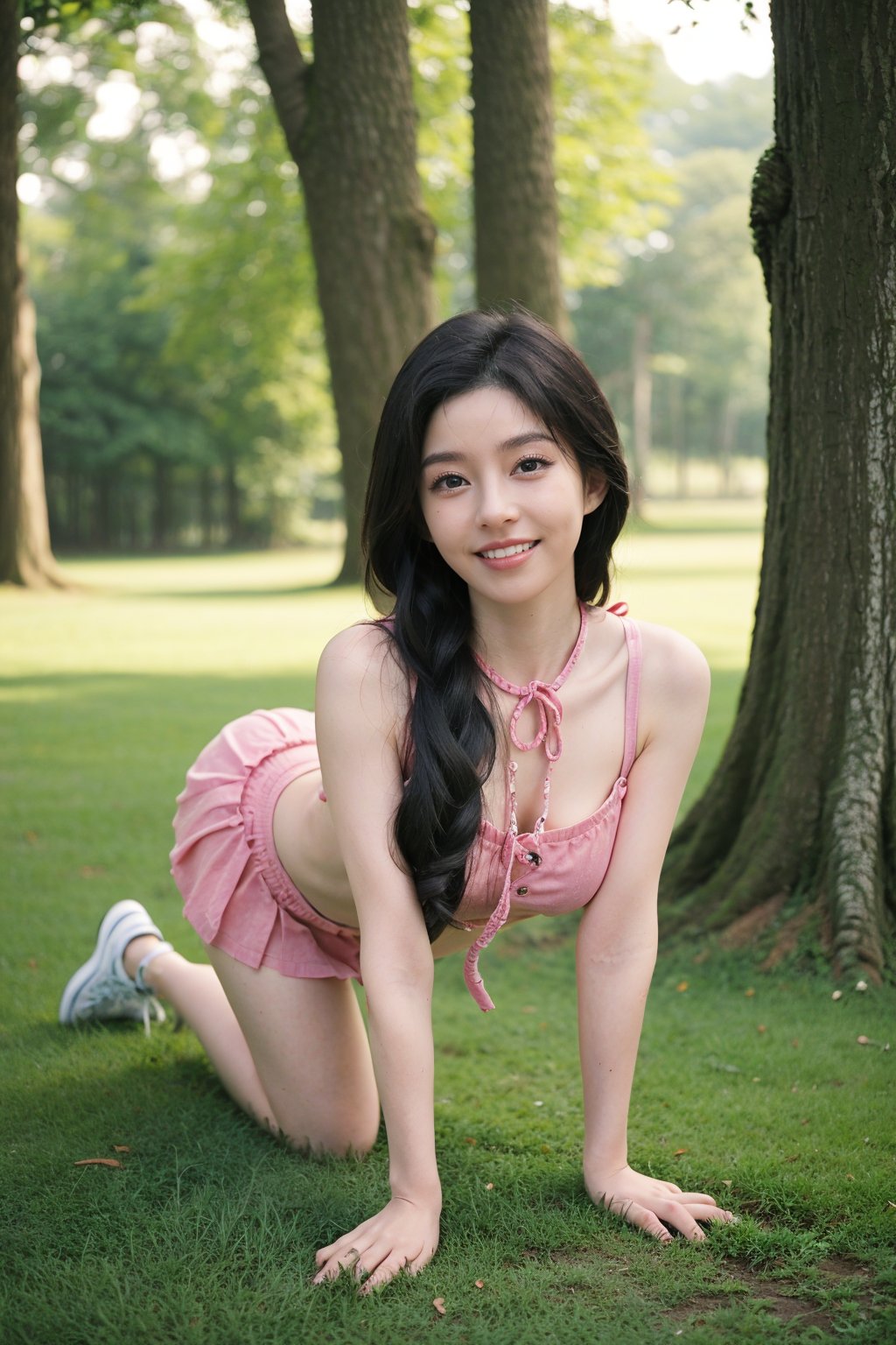 1girl, black hair, teenager, smiling, on all fours, rope tied around neck, tree, forest background, sunlight filtering through trees, green grass, detailed facial expression, playful demeanor, casual attire, natural scene, peaceful ambiance, high-quality, masterpiece.