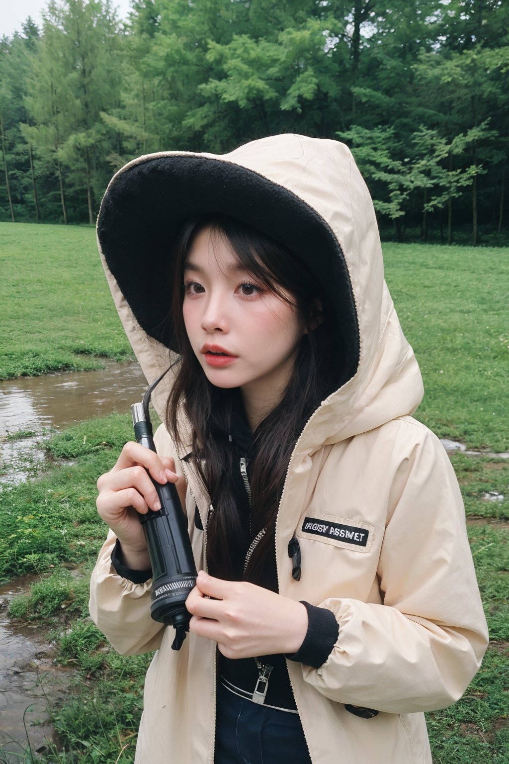 1girl, black hair, teenage, (20yo), survival scenario, wilderness, raining, wearing a jacket, waterproof, hood up, determined expression, holding a compass, surrounded by trees, muddy ground, puddles, mist, realistic, high dynamic range, depth of field, (cinematic composition:1.3), ambient light, wide-angle lens, best quality, masterpiece.