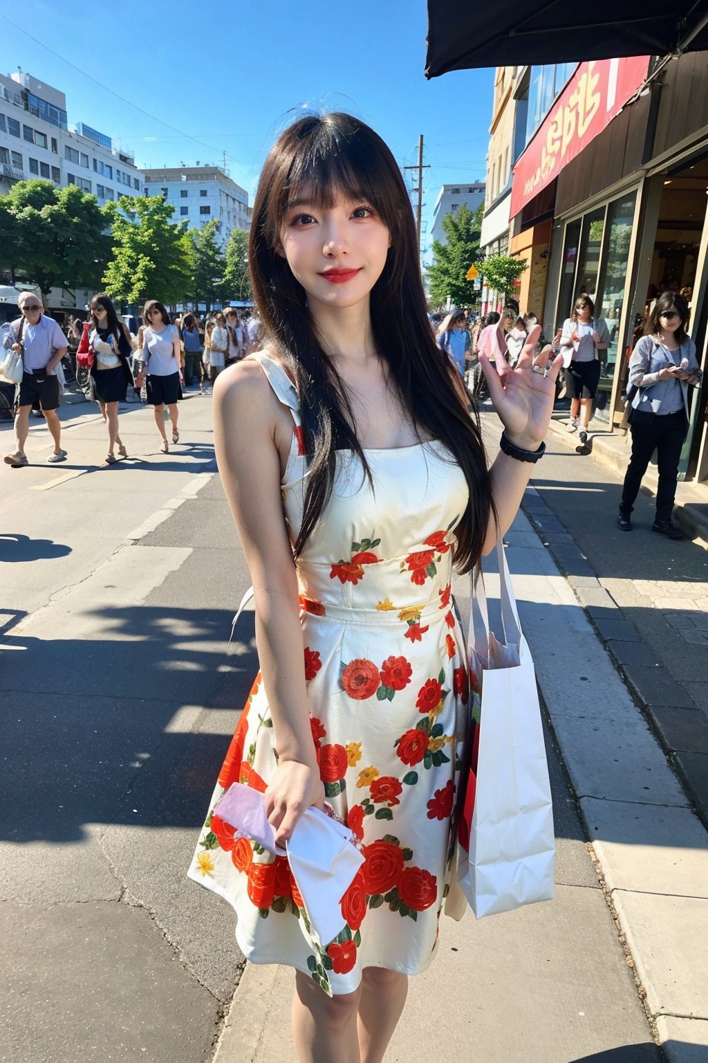 1girl, beautiful, black hair, long hair, detailed eyes, (18yo), elegant, shopping, street fashion, summer outfit, floral dress, white, sandals, carrying a bag, sunny day, city backdrop, pedestrians, urban, vibrant colors, realistic style, ambient light, (cinematic composition:1.2),best quality, masterpiece.