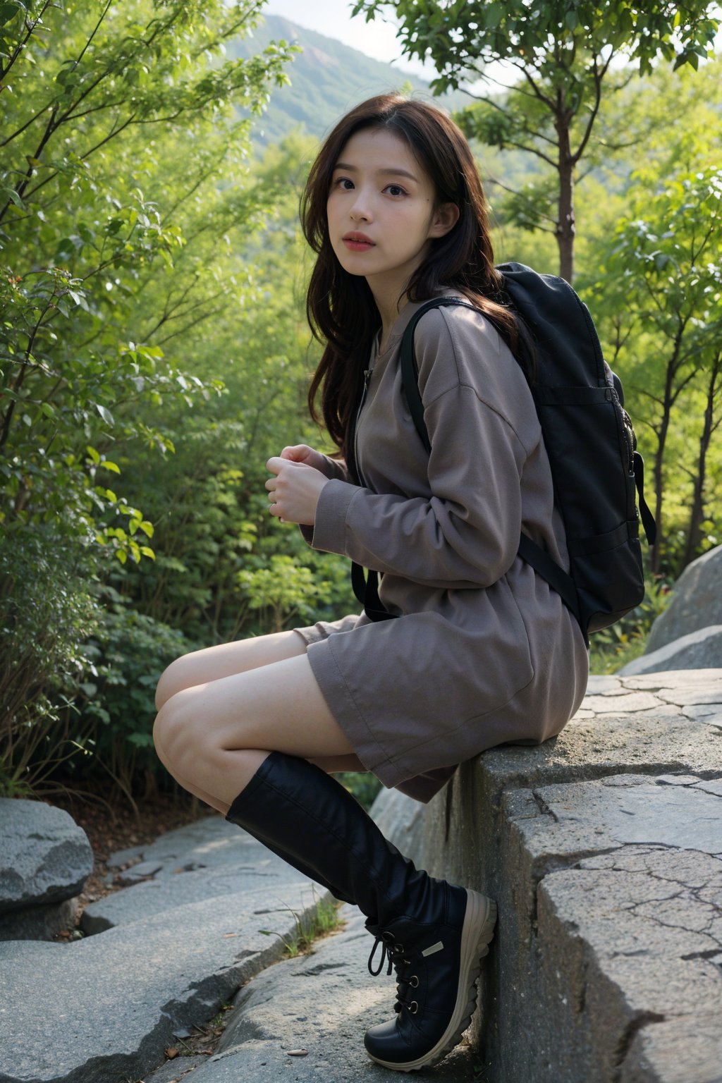 1girl, mountain climbing, beautiful, black hair, long hair, athletic, determined, nature, rocky terrain, (mountain peak:1.3), clear sky, sunlight, trees, (vivid colors:1.2), detailed expressions, dynamic pose, (rope:0.9), (carabiner:0.9), hiking boots, backpack, outdoor adventure, serene atmosphere, depth of field, realistic, ambient light, wide-angle lens, best quality, masterpiece.