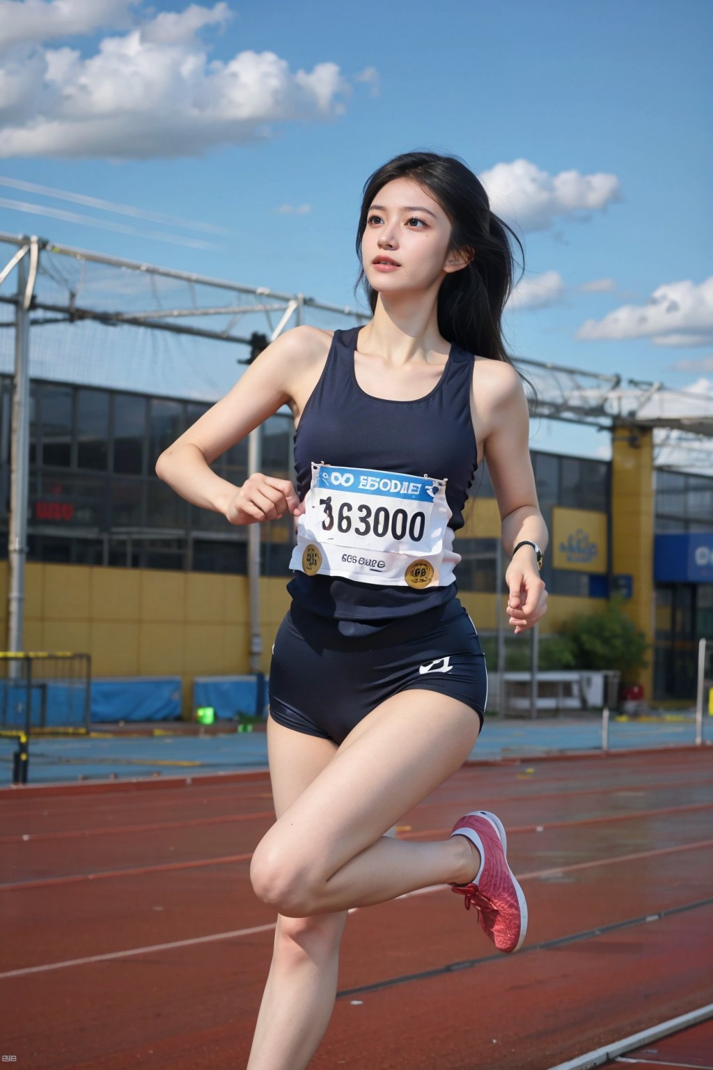 1girl, black hair, beautiful, marathon runner, competition, athletic outfit, running shoes, dynamic pose, sweating, determined expression, (track and field:1.3), sports track, clear sky, daytime, vibrant atmosphere, realistic style, wide-angle lens, best quality, masterpiece