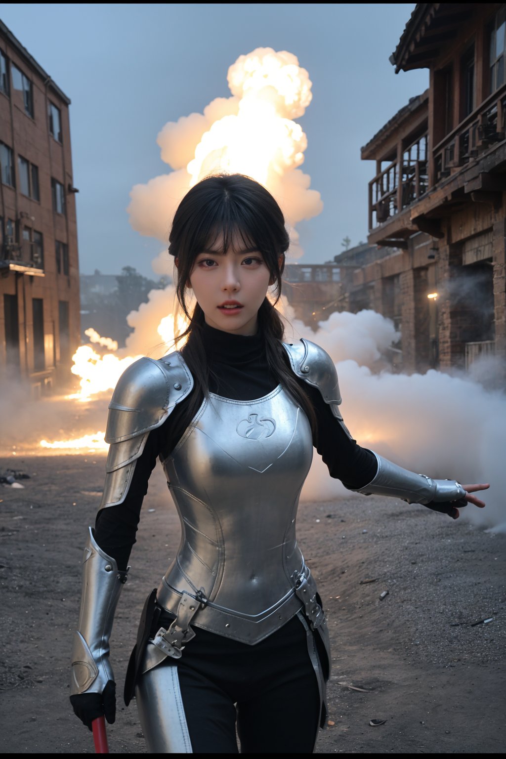 1girl, black hair, futuristic weapon, in combat, dynamic pose, intense expression, detailed eyes, (leather armor:1.3), glowing weapon, (energy shield:1.2), battlefield background, destroyed buildings, smoke, explosions in distance, (neon accents:0.8), high contrast lighting, (cinematic composition:1.5), wide-angle lens, best quality, masterpiece.