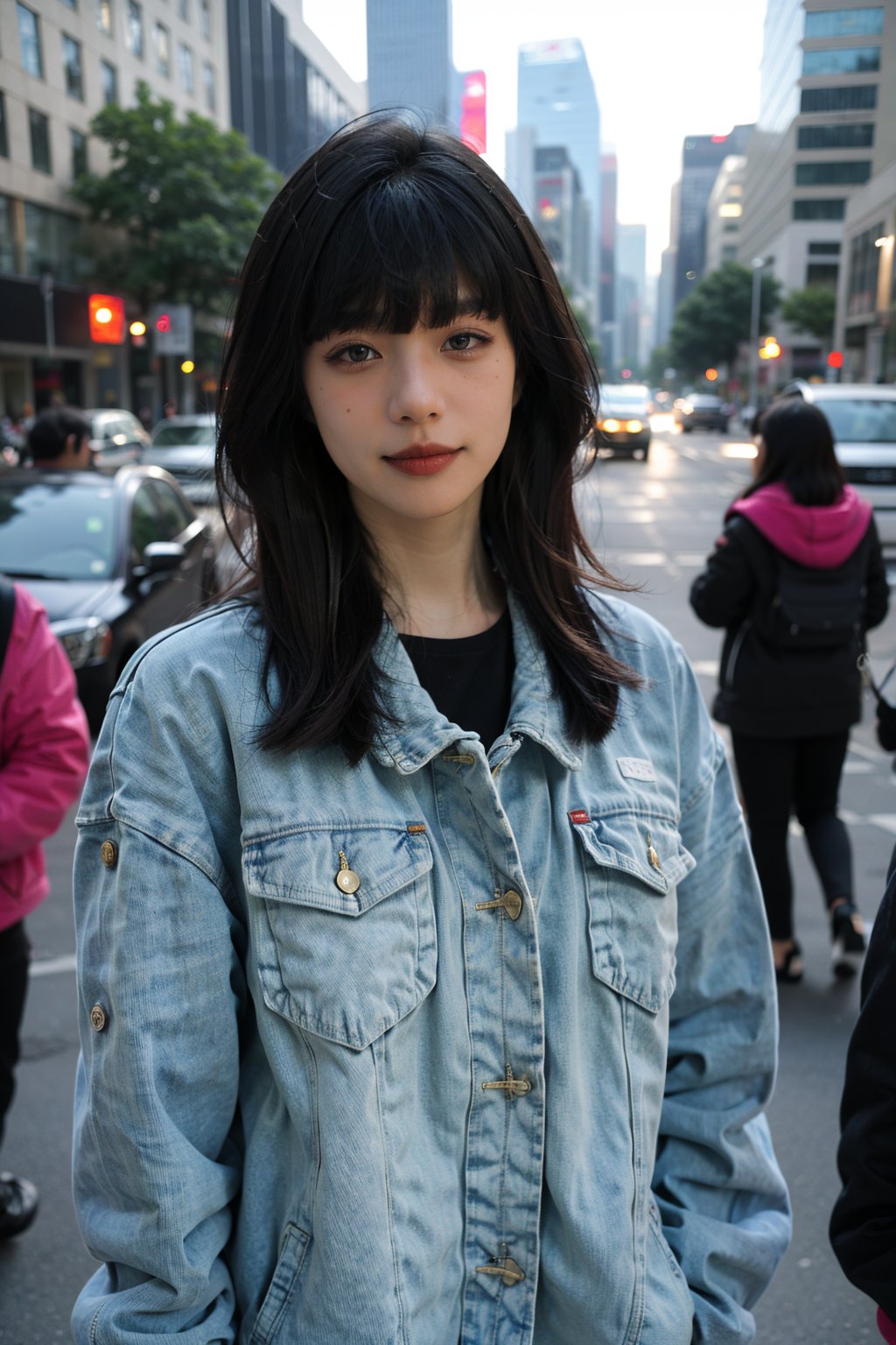 best quality,masterpiece,ultra high res,looking at viewer,simple background, 1girl, solo, looking_at_viewer, black hair,realistic,slim,(smile)(,Walking on the street),