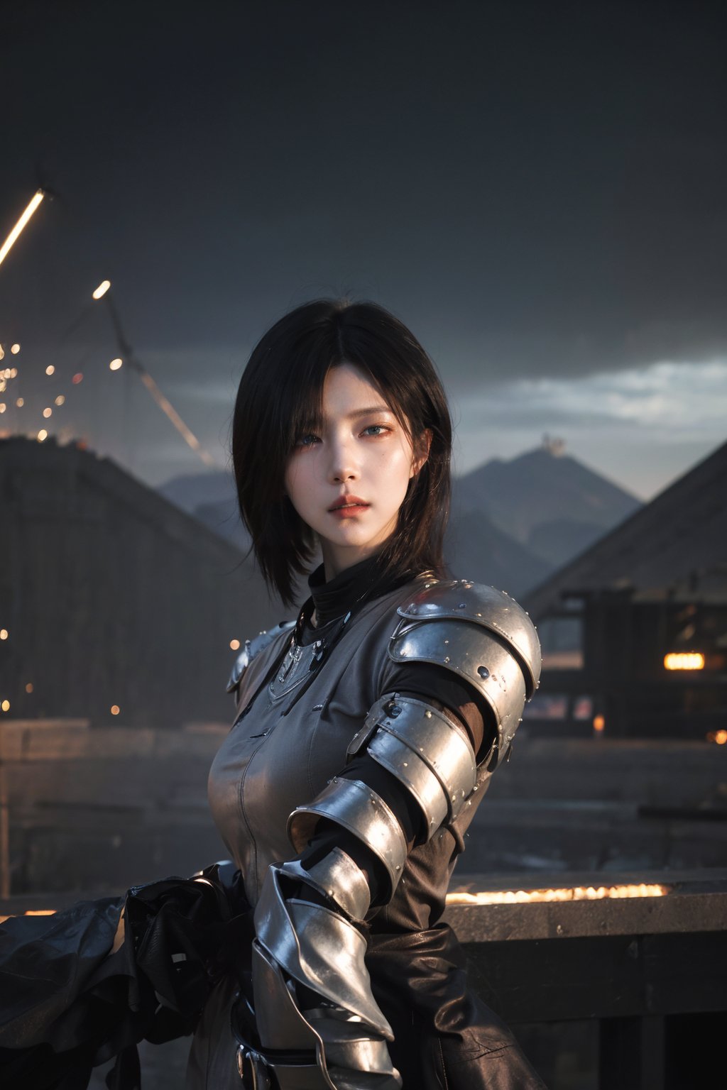 1girl, black hair, futuristic weapon, in combat, dynamic pose, intense expression, detailed eyes, (leather armor:1.3), glowing weapon, (energy shield:1.2), battlefield background, destroyed buildings, smoke, explosions in distance, (neon accents:0.8), high contrast lighting, (cinematic composition:1.5), wide-angle lens, best quality, masterpiece.